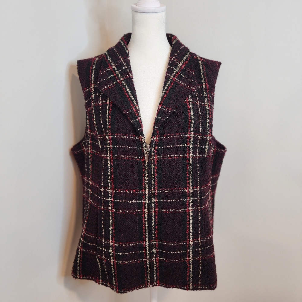 Christopher & Banks Womens XL Wine Plaid Boucle Zip Front Vest Lined